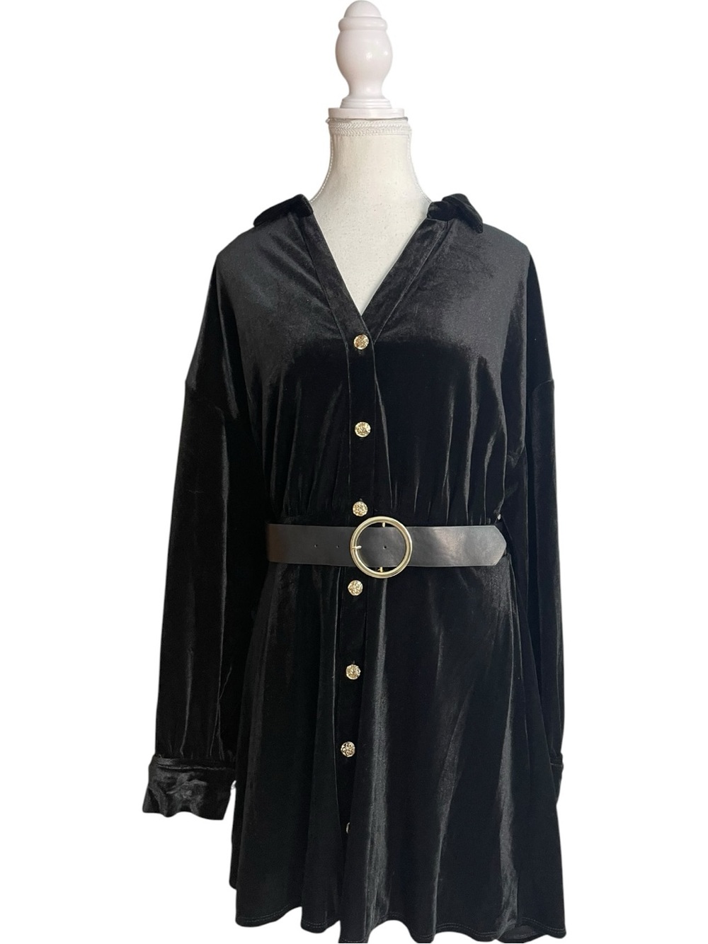 Zara Velvet Button-Up Shirt Dress with Belt Black
